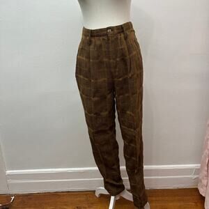 Vintage 1990 OLLIE Brown Plaid High Waist Pleated Tapered Pants Wool Blend USA